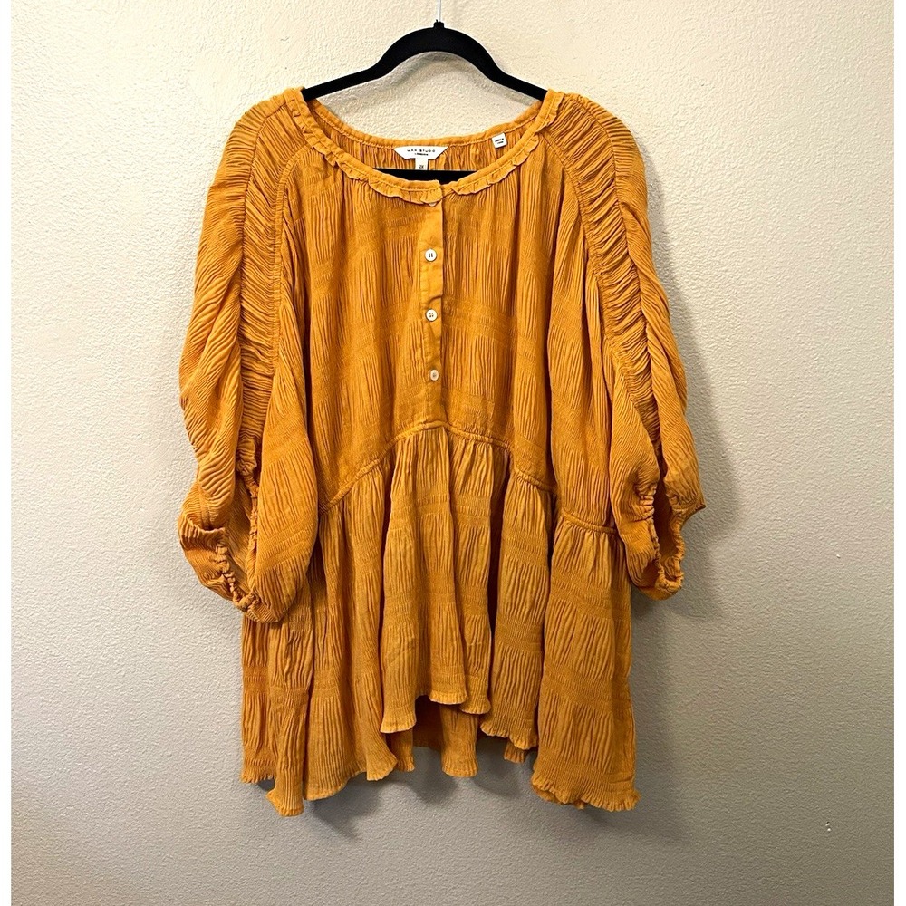 Max Studio Oversized Sunflower Yellow Textured Top Puff Sleeve Dressy Office 2X